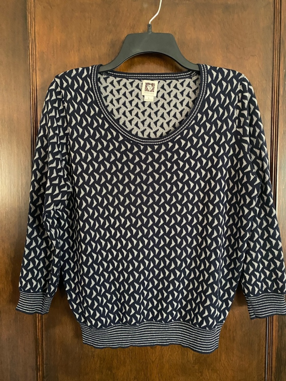 Women's Navy and Silver Patterned Scoop Neck Sweater - Classic Knit